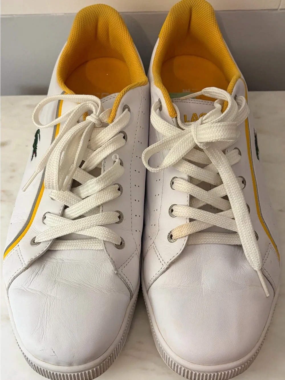 Lacoste Sport Slider Men’s White Yellow Leather Sneakers Size 14